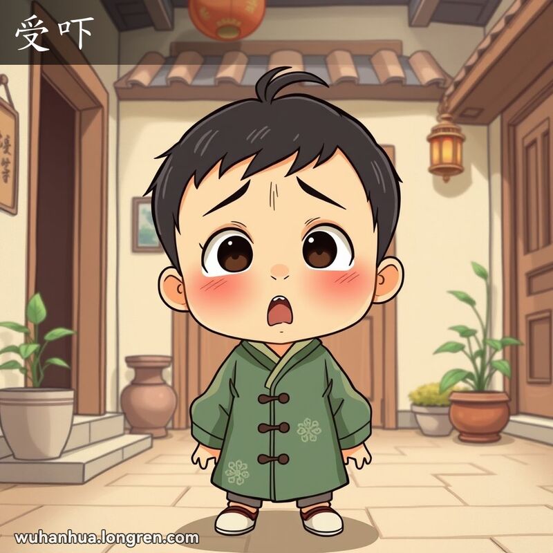 受到惊吓:把你受了吓/他总在~/△一冷一热,光棍~。, 急惊风,小儿由于发高烧两眼直视或上转、牙关咬紧,旧时以为受惊吓所致。