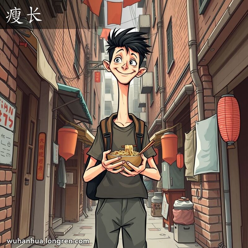 又瘦又长:他长得~~的