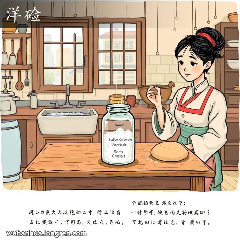 旧时称机制的硷,含有十个分子结晶水的碳酸钠,无色晶体,用作洗涤剂,也用来中和发面的酸味。