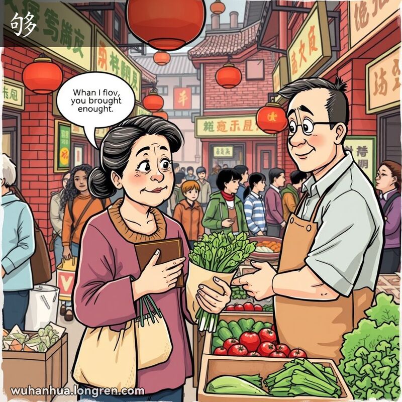 数量上质量上可以满足需求:钱带得~不~?/他的资格~了,我还不~。, (手等)长时间伸直:把头~倒/~倒颈子看/手~酸了/脚~不到。, (用手等)伸向不易达到的地方去接触或拿来:太高了拿不~/拿得~/~得倒/~不倒。