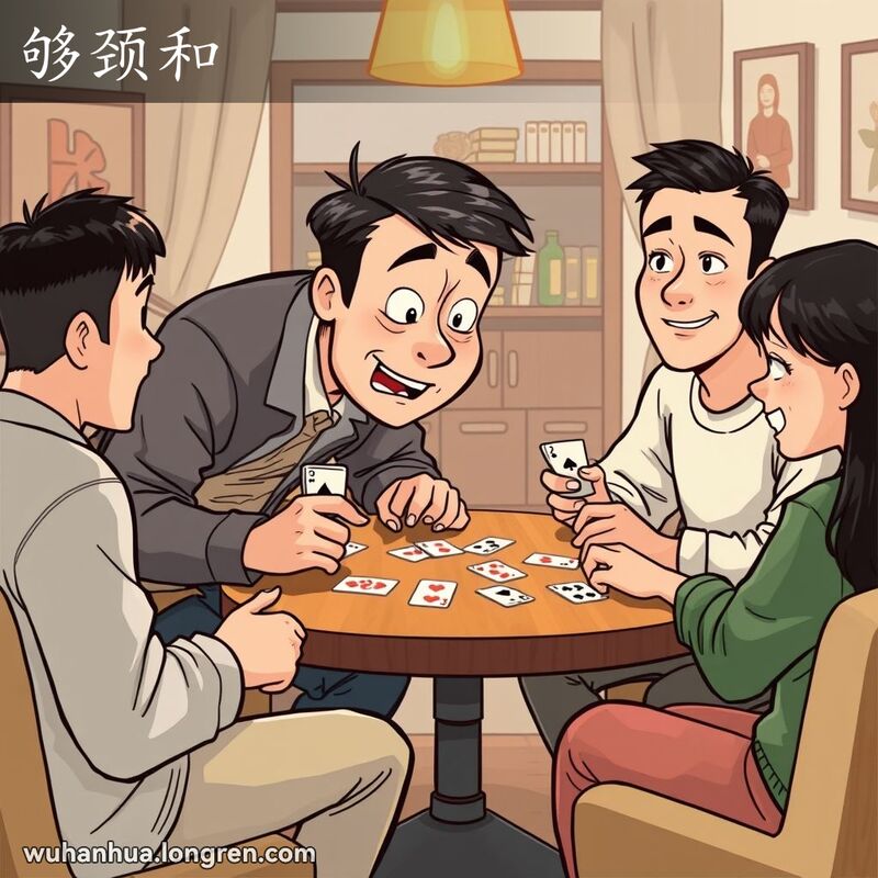 讽刺伸长颈子的人:他抹~(打…牌,意思是伸长颈子看)。