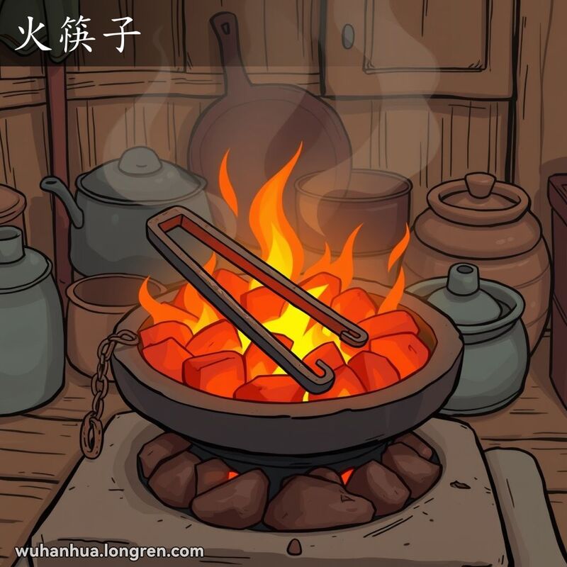 挟炉中煤炭或通火的铁制用具,共两根,一端由铁链子连起。